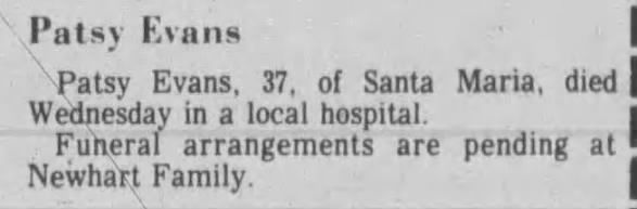 Obituary for Patsy Evans Evans (Aged 37)